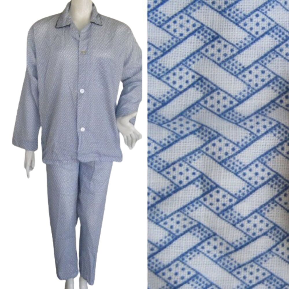 Vintage Montgomery Ward Pajama Set, M, 2pc Blue/White Weave pattern
